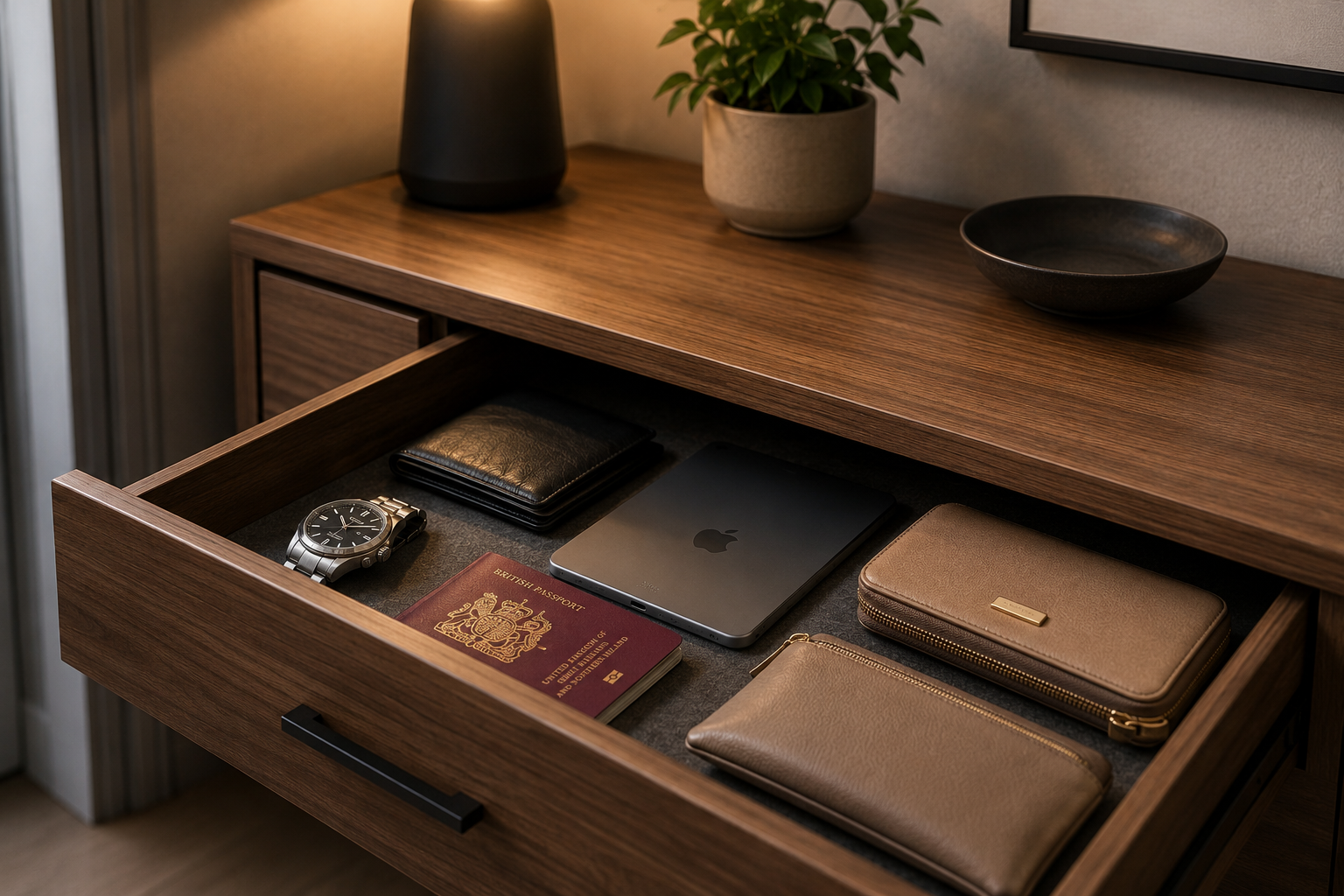 Everyday valuables stored inside an open wooden drawer